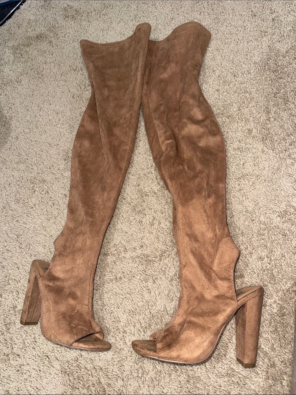 Brown Suede Over-the-Knee Peep-Toe Block Heel Boots - Women